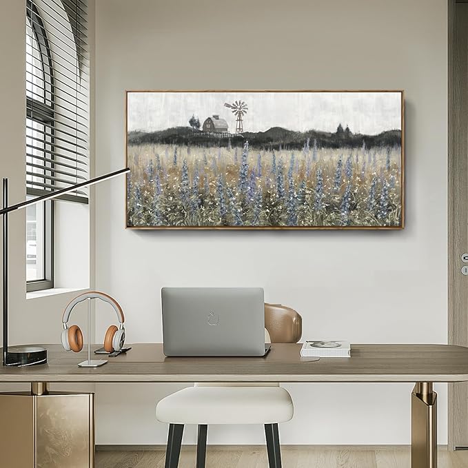 Framed Canvas Wall Art for Living Room Rustic Farmhouse Scenery Vintage Countryside Windmill Barn Picture Nature Wilderness Landscape Wildflower Field Meadow Print Painting Retro Artwork 48"W x 24"H