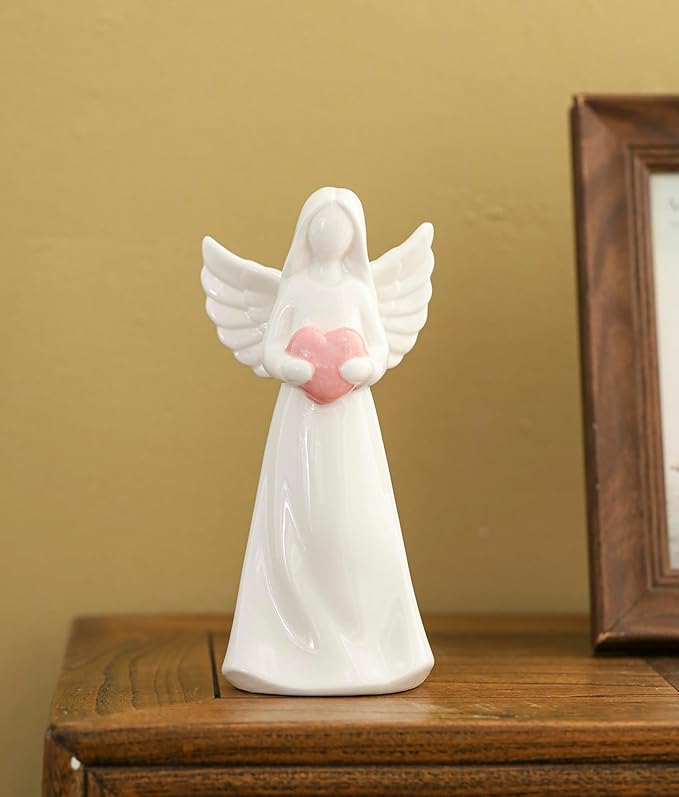 ADAVAS.Y&G Porcelain Lighted Angel Figurine with Pink Heart, Best for Your Loved one 7" H
