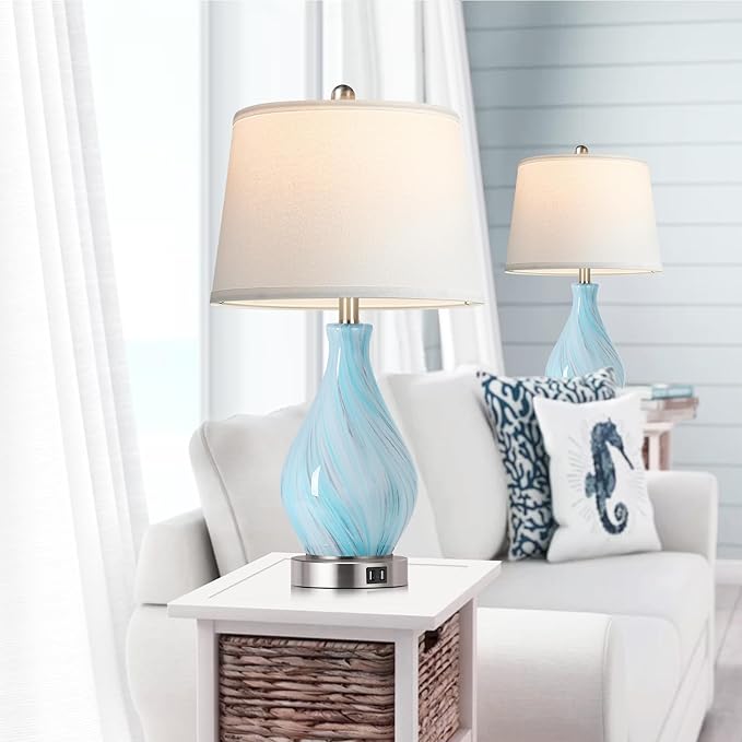 Modern Accent Table Lamp Set of 2 Touch Control, 22" Faded Swirl Blue Gray Art Glass Bedside Lamp with USB Ports, 3-Way Dimmable Hand Crafted Nightstand Lamps White Drum Shade for Living Room Bedroom