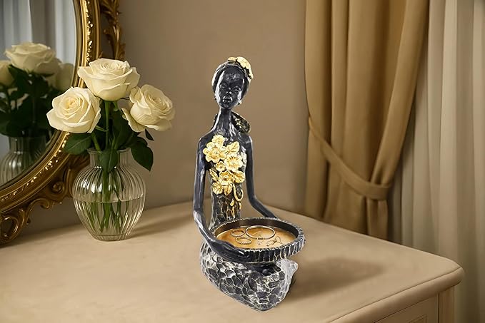 African Lady Figurine Candle Holder with African Tribal Totem for Wedding,Church,Holiday Decor-African Decorative Women Statues, Candlestick Holder for Home and Table Decor(406-Black)