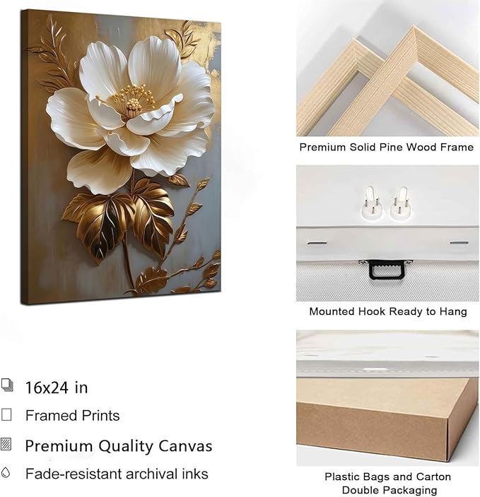 Flower Pictures Canvas Wall Art White Gold Flowers Elegant Wall Decor pictures 3D Retro Floral poster prints for Bedroom Bathroom Wall Decorations (16inx24in canvas)