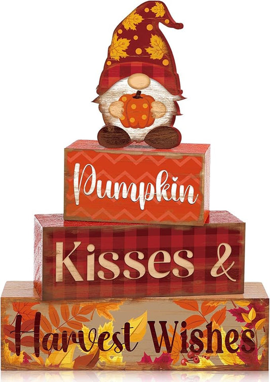 4 Pcs Fall Decor for Home Gnomes Wooden Signs with Sayings Fall Gnomes Tiered Tray Decor Autumn Harvest Tabletop Centerpiece Pumpkin Block Signs for Thanksgiving Office Kitchen Shelf