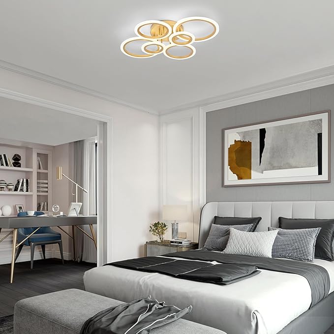 Modern LED Ceiling Light, Gold 6 Rings Flush Mount Ceiling Light, 4000K Lighting Fixture Ceiling Lamp for Kitchen, Bedroom, Living Room, Laundry Room