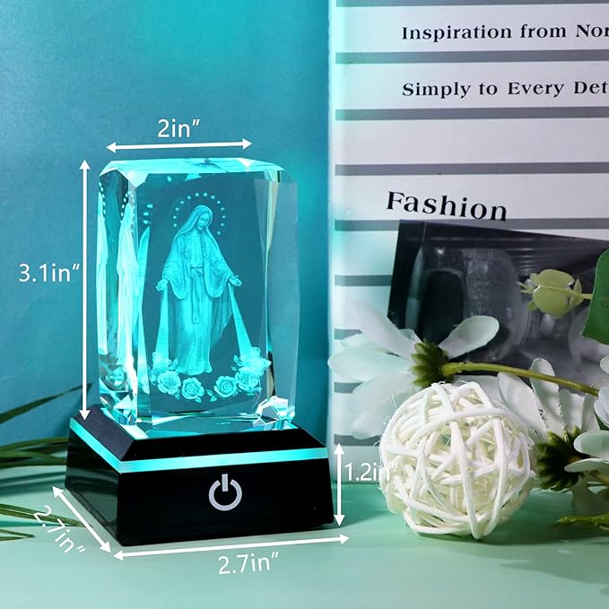 Movdyka 3D Crystal Virgin Mary Statue Religious Gifts for Women Men Christian Laser Engrave Religious Figurine Christmas Ornaments Decor with Colorful LED Base Catholic Gifts Women Friends Faith