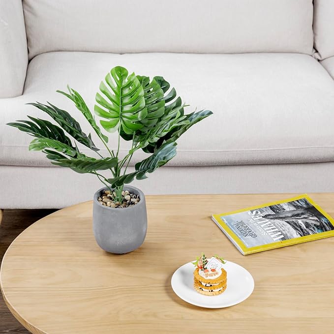 MyGift 16 Inch Tall Artificial Monstera and Banana Leaf Plant in Gray Concrete Planter Pots, Decorative Tabletop Faux Greenery Potted Indoor Plants, 2 Piece Set