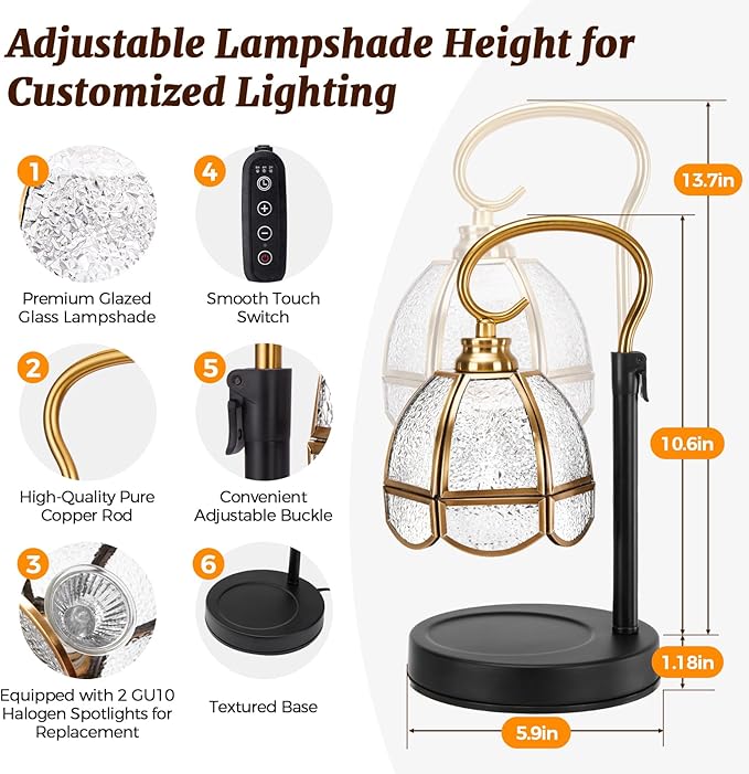 Candle Warmer Lamp with Timer, Dimmable, Adjustable Height, Birthday Gifts for Women Mom, House Warming Gifts New Home Decor, Wax Warmer Lamp for Jar Candles with 2 Bulbs (Transparent Shade)