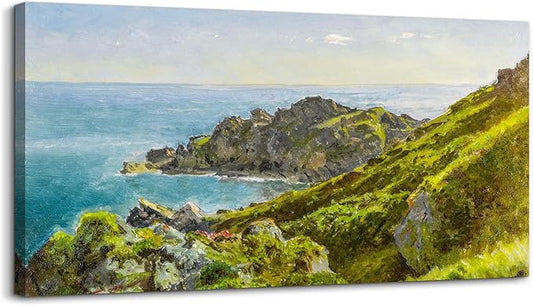 crmotu Large Landscape Wall Art, Coastal Scenery Vintage Canvas Painting, Mountain Sea Pictures Art Prints, Green Coastline Nature wall Decorations for Living Room Bedroom Bathroom Office 24"X48"