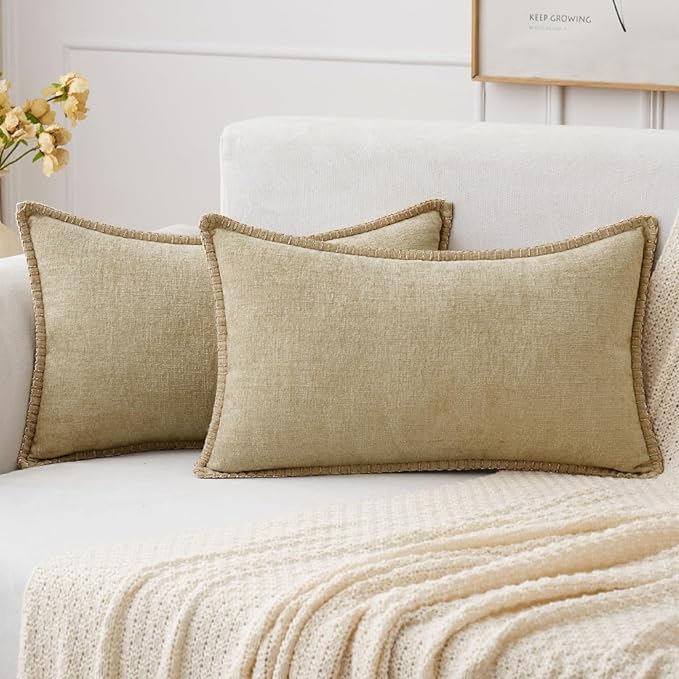 MIULEE Pack of 2 Couch Throw Pillow Covers 12x20 Inch Beige Farmhouse Decorative Pillow Covers with Stitched Edge Soft Chenille Solid Dyed Spring Pillow Covers for Sofa Bed Living Room