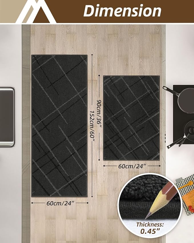 COSY HOMEER Kitchen Mats, 2 PCS Kitchen Rug Non Slip Washable, Absorbent Runner Rugs for Kitchen Floor, Polyester Kitchen Sink Rug 24"x36" + 24"x60"(Dark Gray)