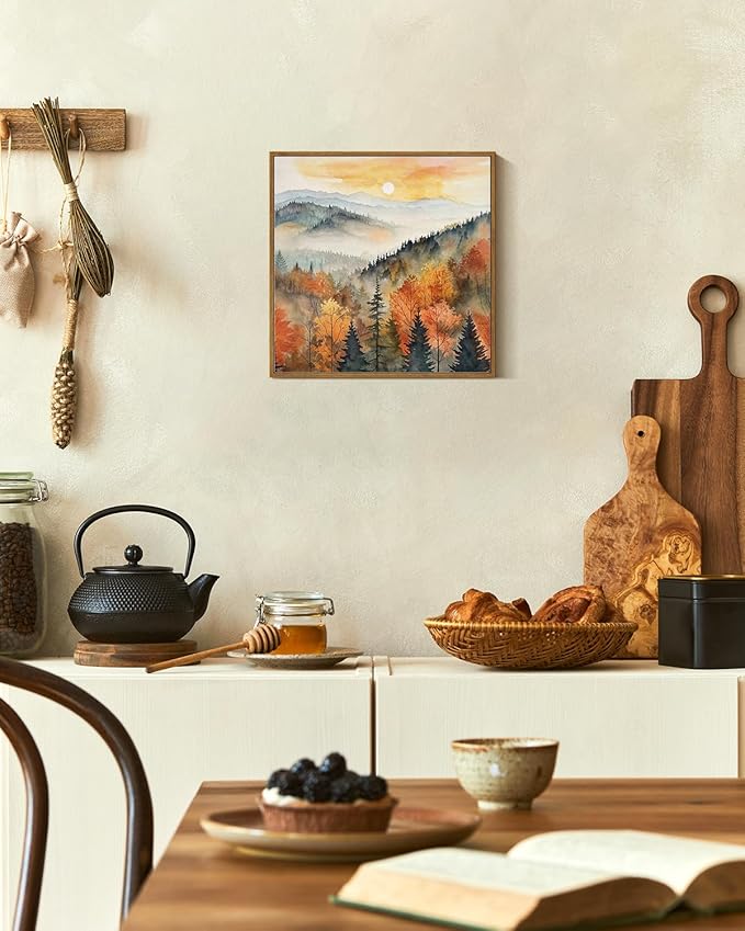 InSimSea Square Framed Canvas Wall Art, Farmhouse Nature Scenery Quiet Forest Awakening Wall Art Prints, Autumn Fall Classical Retro Home Decor for Living Room Bedroom Office 16"x16"