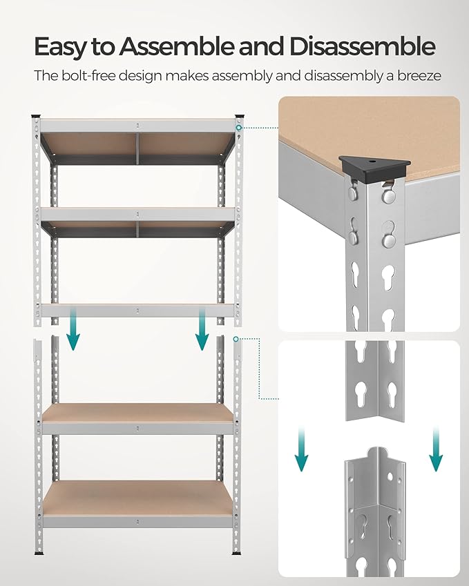 SONGMICS 5-Tier Storage Shelves, Load 2310 lb, Garage Storage, Boltless Assembly, Adjustable Shelving Unit, 17.7 x 35.4 x 70.9 Inches, for Study Shed Basement, Silver and Natural Beige UGLR450E01