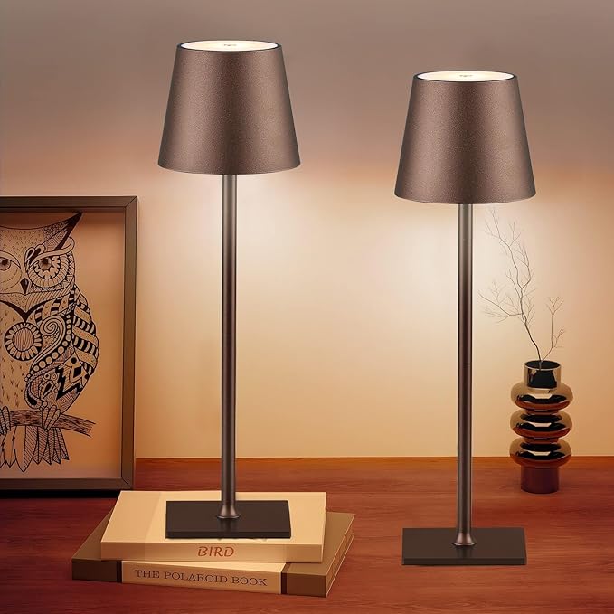 2 Pack Cordless Table Lamps, 3 Colors Stepless Dimming, 5000mAh Rechargeable Battery LED Desk Lamp for Bedroom/Couple Dinner/Desk/Cafe/Dining Room/Terrace