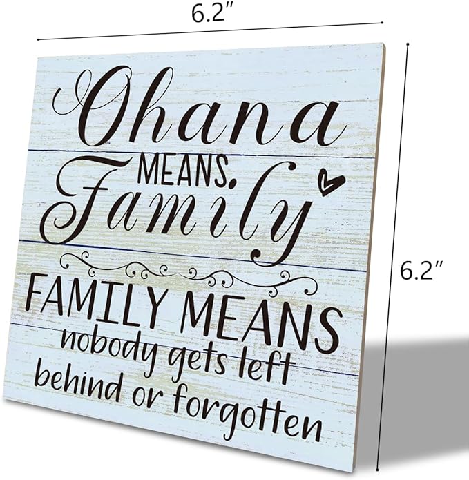 Family Wooden Plaque, “Family Means Nobody Gets Left Behind or Forgotten”, 6.2x6.2 Inch Table Art Sign, Farmhouse Quote Decor for Living Room or Home Tabletop F
