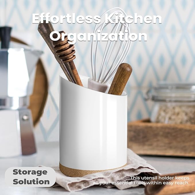 Large Ceramic Utensil Holder for Kitchen Counter, Modern Crock with Slanted Top & Cork Mat, for Spatulas & Cooking Spoons, White