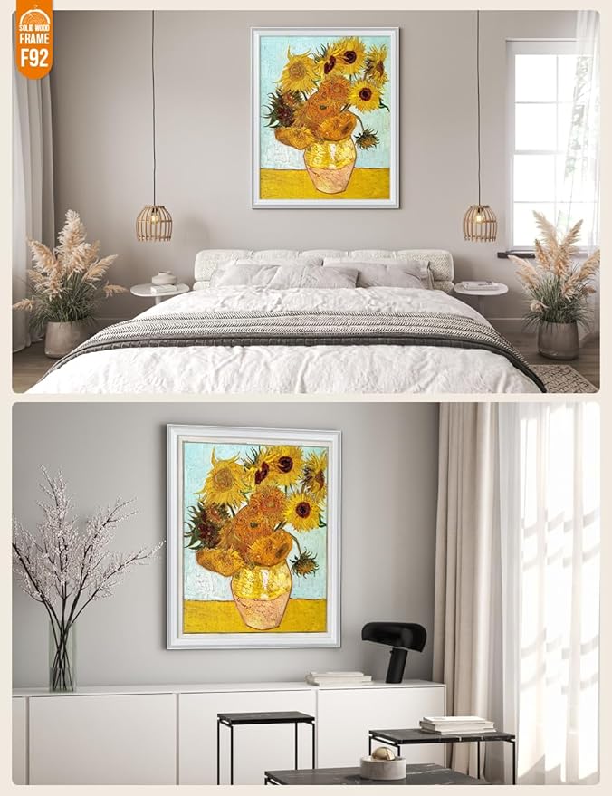 DECORARTS - Twelve Sunflowers, Vincent Van Gogh Art Reproduction. Acid Free Cotton Canvas Giclee Print w/Bronze Frame&Mat for Wall Decor.