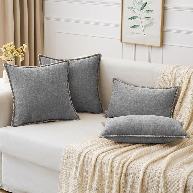 MIULEE Pack of 2 Couch Throw Pillow Covers 12x20 Inch Dark Gray Farmhouse Decorative Pillow Covers with Stitched Edge Soft Chenille Solid Dyed Spring Pillow Covers for Sofa Bed Living Room