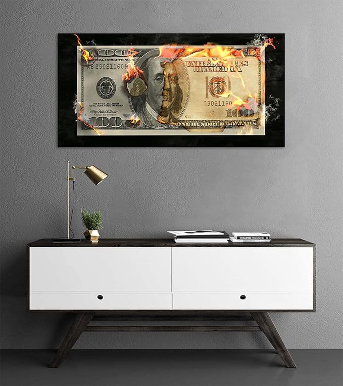 Abstract Creative Dollar Wall Art Burning 100 Bill Money Office Artwork Wall Decor HD Print Flame Dollar Work Art for Study Room Classroom Library Wall Decor Frame and Stretched Easy to Hang-40"Wx20"H