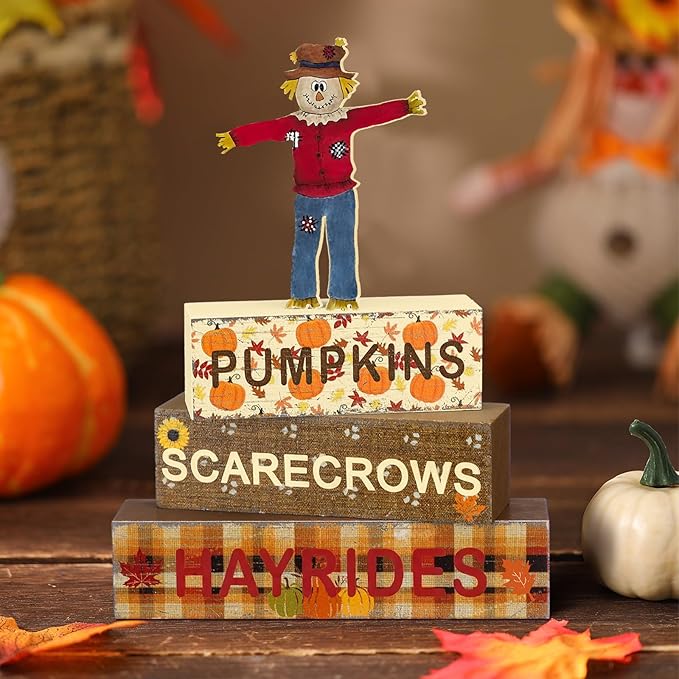 Geelin 4 Pcs Fall Scarecrow Table Centerpieces Thanksgiving Table Decorations Pumpkin Scarecrow Tiered Tray Decor Autumn Wooden Block Signs for Autumn Thanksgiving Office Kitchen Shelf