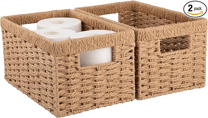 OIAHOMY Wicker Baskets, Paper Rope Storage Baskets for Organizing with Built-in Handles, 2 Packs-Yellow