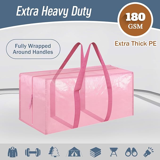 6 Pack Extra Heavy Duty Large Moving Bags with Strong Zipper & Comfortable Handles, Sturdy & Durable Clothes Storage Bags Totes Bins, Packing Moving Boxes for College Supplies, Pink