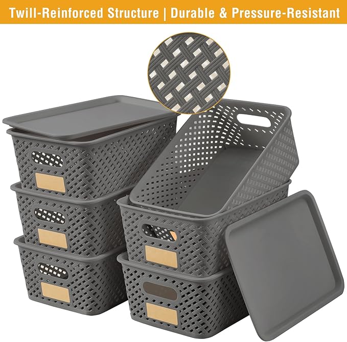 Small Plastic Twill Woven Storage Baskets with Lids, Stackable Organizing Containers with Labels for Pantry Closet Office, 6-Pack,10.35"x7.3"x4.09", Gray