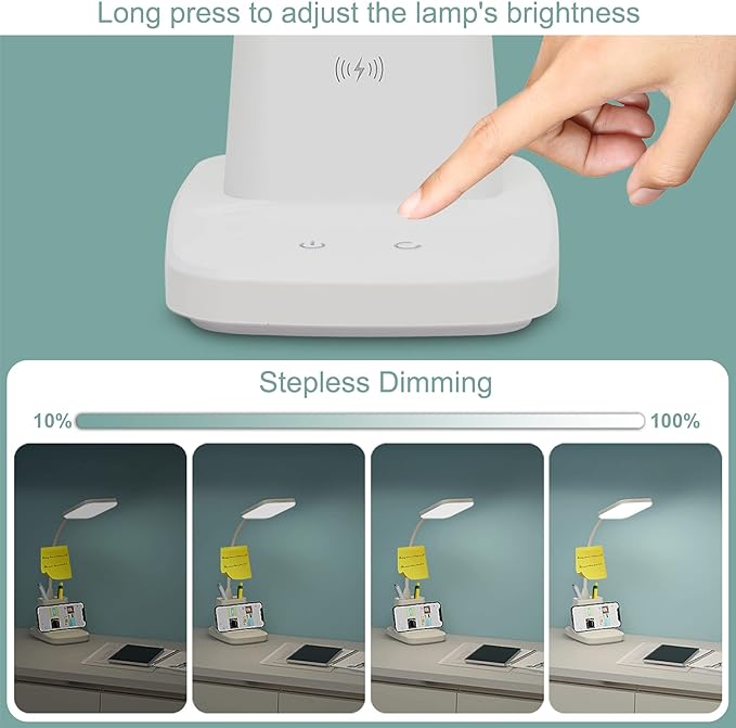 Sailstar Upgraded LED Desk Lamp with Wireless Charger, White Small Desk Light with Pen Holder, 3 Color Modes, CRI 85, 800 Lumen, Study Lamps for College Dorm Room, Home Office, Adapter Included