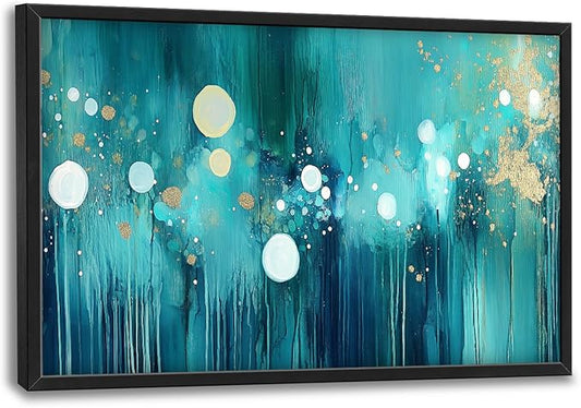Lovira Abstract Teal and Gold Large Wall Art Turquoise Canvas Wall Decor Pictures Prints Painting Framed Home Artwork for Living Room Bathroom Bedroom Kitchen Office 24"x36"