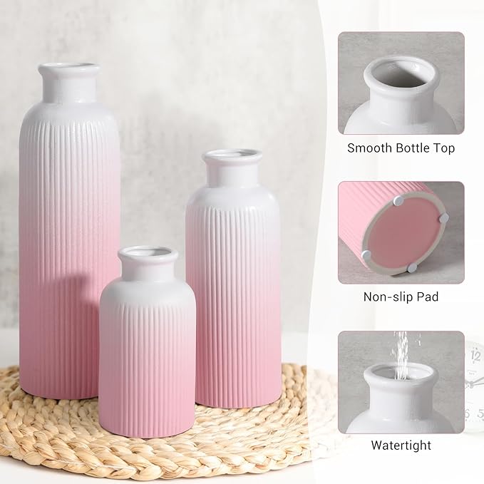 Small Gradient Pink Ceramic Vase Set of 3, Boho Modern Flower Vase Room Decor, Farmhouse Decor, Vases for Your Kitchen, Bathroom, Bedroom, Living Room, Office&Shelf Centerpiece Table Decorations