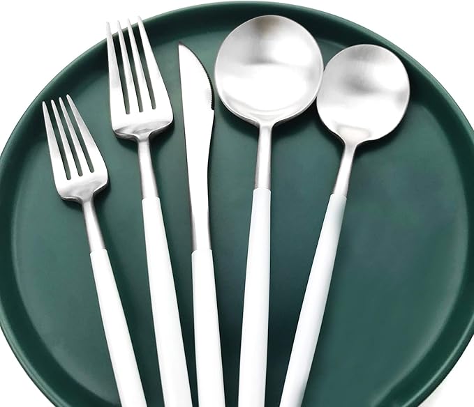 Gugrida White Silver Flatware, Royal 20-Piece Matte White Handle 18/10 Stainless Steel Tableware Sets for 4 Including Forks Spoons Knives, Camping Silverware Travel Utensils Set Cutlery (White Silver)