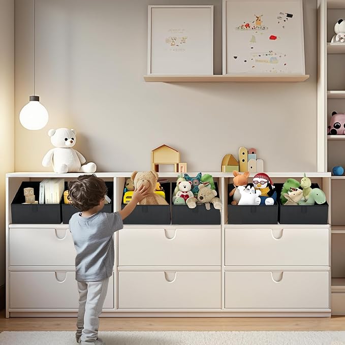 DIMJ Closet Storage Bins 8 Pack - Fabric Trapezoid Closet Organizer Bin, Foldable Storage Baskets for Shelves, Closet Shelf Organizer, Clothing Storage Box for Toys, Books, Towel, Clothes, Black