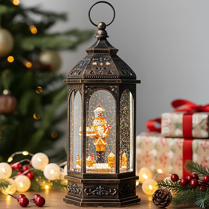 Animated Gingerbread Nutcracker with Moving Figurines Lighted Water Lantern, USB Lined/Battery Operated Snow Globe for Christmas Festival Decoration Gifts