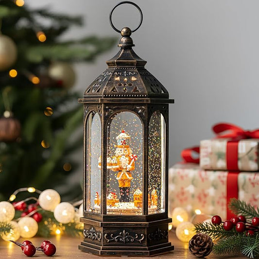 Animated Gingerbread Nutcracker with Moving Figurines Lighted Water Lantern, USB Lined/Battery Operated Snow Globe for Christmas Festival Decoration Gifts