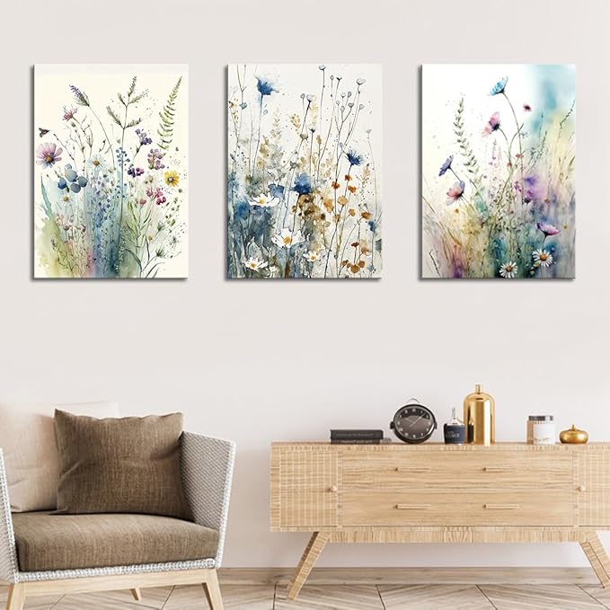 dgbtcart Watercolor Flower Canvas Wall Art Bathroom Decor Elegant Floral Wall Decor Colorful Botanical Painting Prints Flower Pictures for Living Room Bedroom Home Office Decoration 12"x16"x3pcs