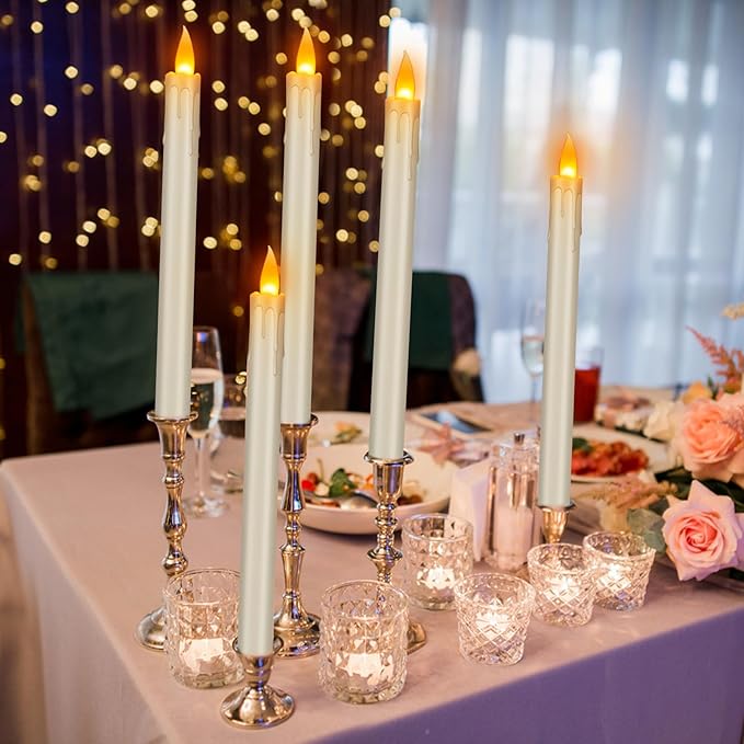 Flameless Taper Candles Realistic Flickering Flame, Battery Operated, Remote Control with Timer, Safe for Kids & Pets, Ivory, 10-Inch, Pack of 6 Ideal for Home, Weddings & Parties