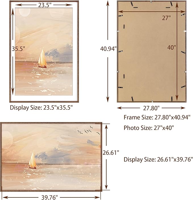 27x40 Picture Frame, Solid Oak Wood 27x40 Poster Frame for Wall, 27 x 40 Frame with Tempered Real Glass, 27x40 Frame with Mat for 24x36, Rustic Wooden 27x40 Art Frame, Walnut Color