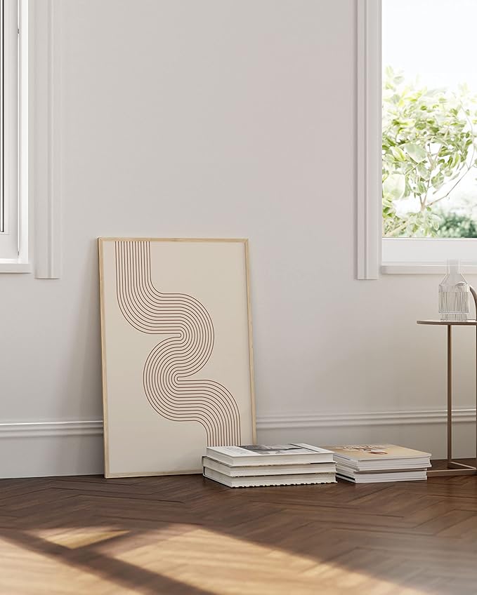 HAUS AND HUES Line Art Mid Century Modern Wall Decor - Boho Prints Wall Art Abstract Geometric Wall Decor Line Art Prints Modern Boho Art Snaking River from Top Left (Beige Framed, 24x36)