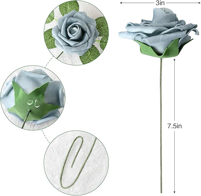 AmyHomie Artificial Flower Dusty Blue Shades Rose 25pcs Real Looking Fake Roses w/Stem for DIY Wedding Bouquets Centerpieces Arrangements Party Baby Shower Home Decorations