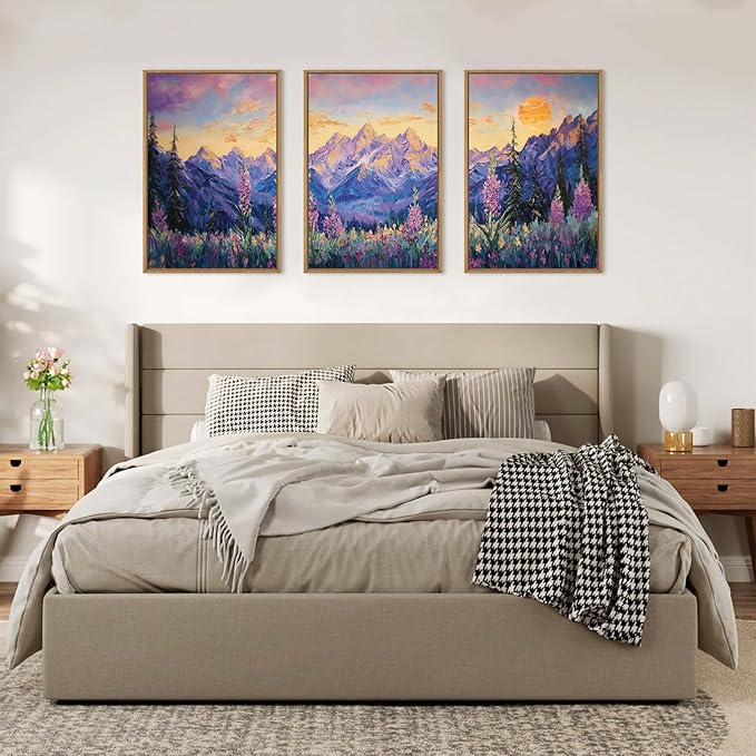 HOURIA Purple Sunset Mountain Landscape Framed Canvas Wall Art Set,Nature Pine Tree Wildflowers Wall Decor,Golden Sunlight Wall Painting,Modern Field Art Prints for Living Room, Bedroom-16 x24 x3