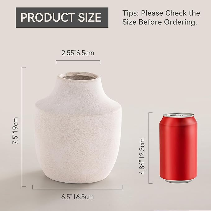 Mitt&Ditt Ceramic Flower Vase, 7.5 inch Off-White Farmhouse Rustic Vase, Handcrafted Weathered Pottery Vases, Small Flower Terracotta Vases for Home Decor, Living Room, Table, Shelf