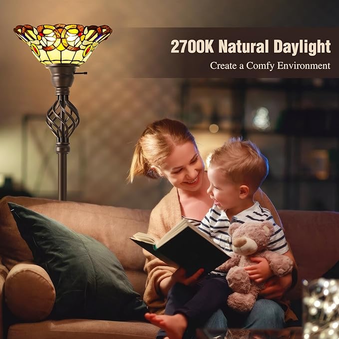 GyroVu Tiffany Floor Lamp, Torchiere Floor Lamps with Stained Glass, 71 Inch Tall Floor Standing Reading Light for Living Room Corner Bedroom Home Office, Bulbs Included