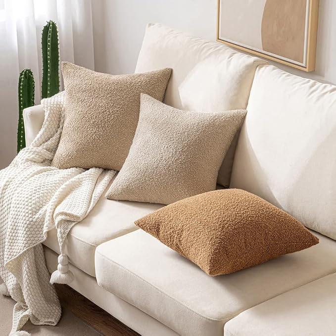 MIULEE 22x22 Inch Decorative Euro Sham Throw Pillows for Bed Set of 2 Textured Boucle Neutral Throw Pillow Covers Natural Beige Accent Solid Euro Couch Pillowcase Cozy Soft Sofa Livingroom Home Decor