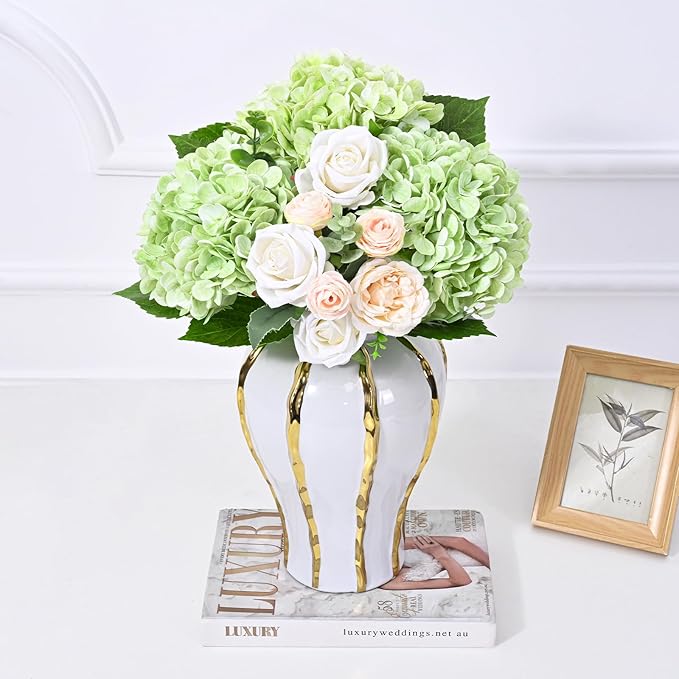 Artflower 4Pcs Real Touch Hydrangea Artificial Flowers, 22.5'' Light Green Full Latex Faux Hydrangea Flowers for Home Floral Arrangements Wedding Bouquets Kitchen Table Centerpiece Decorations