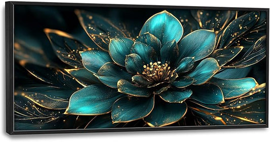 Framed Large Wall Art for Living Room, Teal Flower Canvas Wall Decor, Large Picture Framed Painting, Modern Artwork for Bedroom Office Home Decor 60L'' × 30W''