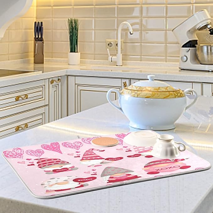 Happy Valentine Hearts Gnomes Dish Drying Mat 18 X 24 In Red Love Absorbent Microfiber Dry Dishes Pads Tableware Mats Protector for Kitchen Countertops Counter Home Decorations