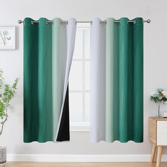 Estelar Textiler Green and Greyish White Blackout Curtains for Kids Room, Full Room Darkening Grommet Ombre Curtains for Bedroom, Thermal Insulated Light Blocking Gradient Drapes, 52Wx63L, 2 Panels