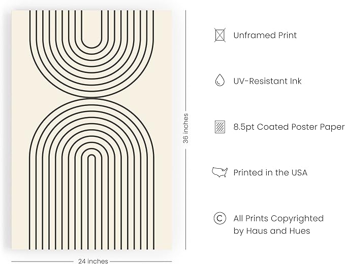 HAUS AND HUES Neutral Wall Art Prints for Wall Decor - Boho Art Wall Prints Mid Century Modern Decor Line Art Wall Decor and Geometric Art Black Semi Circles Reflected (24x36 Unframed)