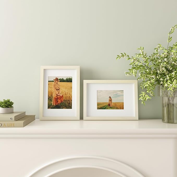 Egofine A4 Picture Frames Set of 4, Made of Solid Wood Covered by Plexiglass 4x6 and 6x8 with Mat or A4 without Mat, for Table Top Display and Wall Mounting Photo Frame Beige