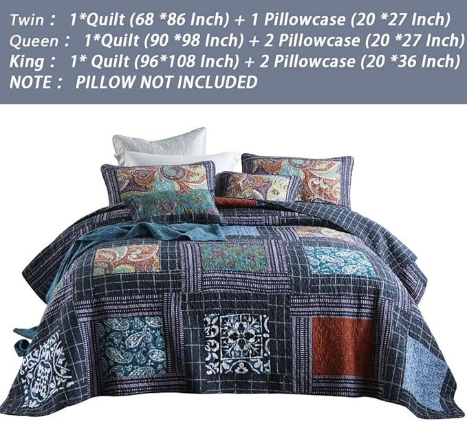 Secgo Twin Size Quilt Size - 100% Cotton Comforter Set Bedding Sets (68 * 86 Inch) with 2 Pillow Shams, Patchwork Reversible Lightweight Bedspread