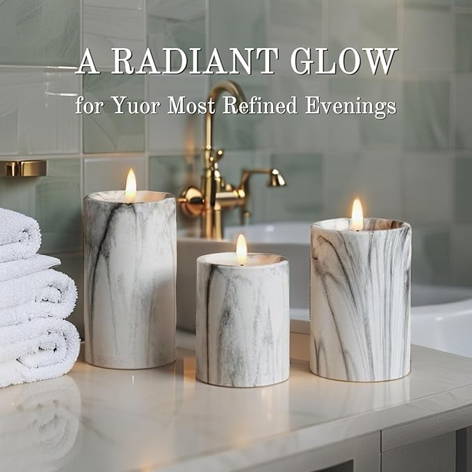 VENTA Marble Flameless Pillar Candles, Set of 3 (4" 5" 6") | Realistic Flickering LED Candles with Remote & Timer | Elegant Decor for Modern, Farmhouse & Chic Interiors