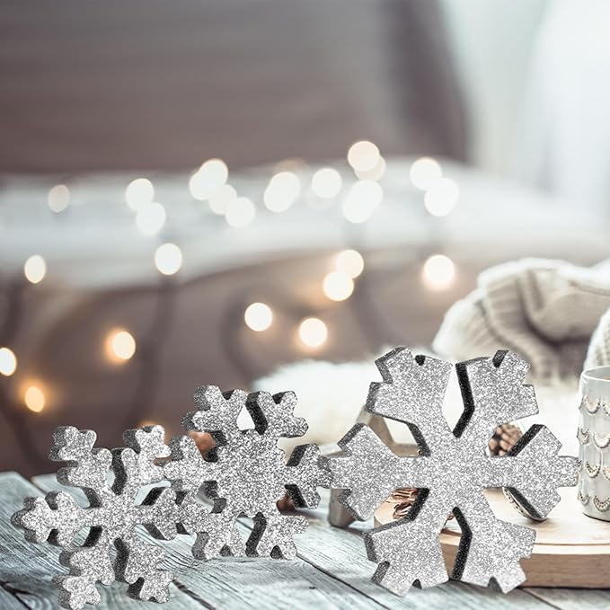 Bucherry 3 Pcs Winter Wooden Snowflake Decor Rustic Winter Snowflake Table Signs Wonderland Wood Blocks Farmhouse Christmas Tiered Tray Decorations for Xmas Table Shelf(Glitter Gray)